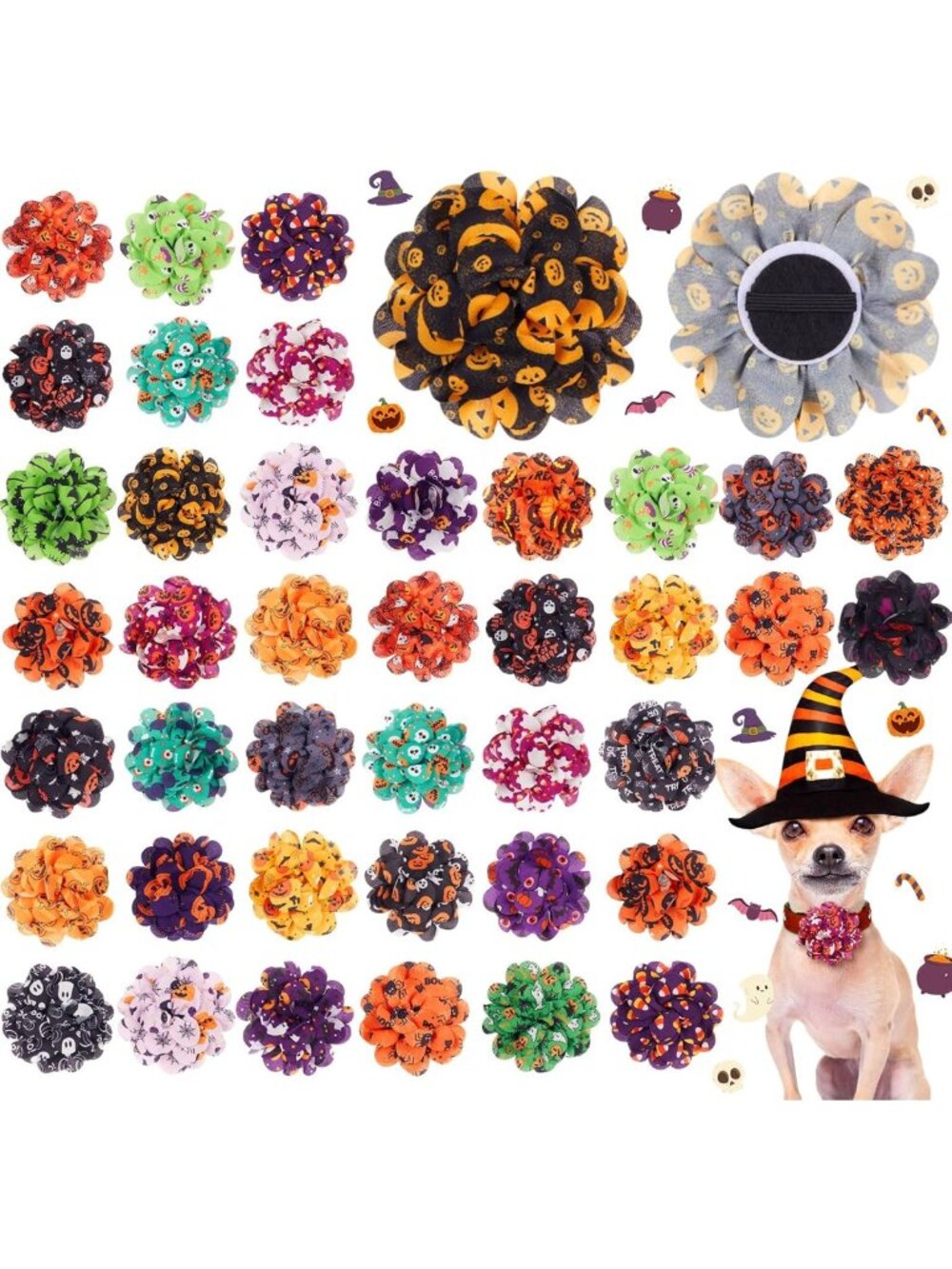 50 Pcs Halloween Dog Collar Flowers - Pumpkins, Ghosts, Skulls & Bats Decor